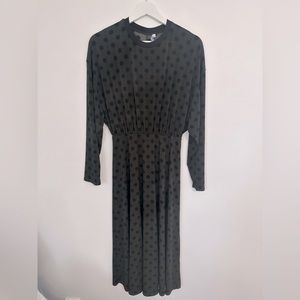 Zara olive green maxi dress with black polka dots. Long sleeve, size small